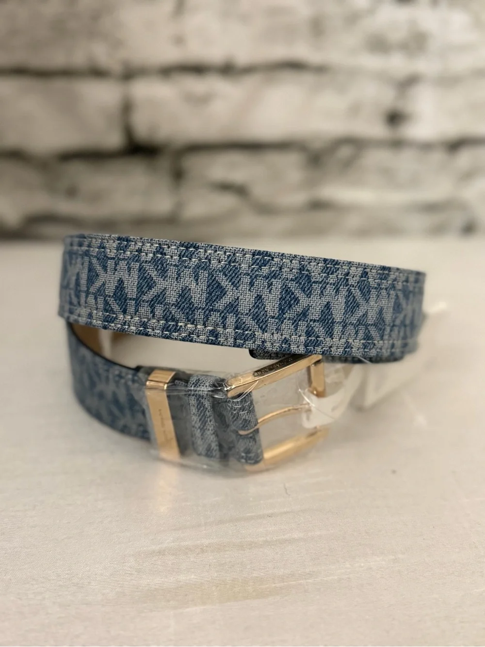 Michael Kors Men's Denim Blue MK Logo Belt with Gold Hardware M 40”